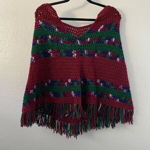 Handknit Poncho One Size Fringe Handmade Knitted Bohemian Boho Artsy Western